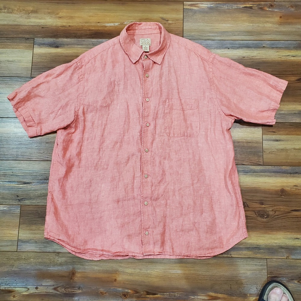 Jos A Bank Mens XL Coral Pink 100% Linen Short Sleeve Button Up Shirt 02352-0003